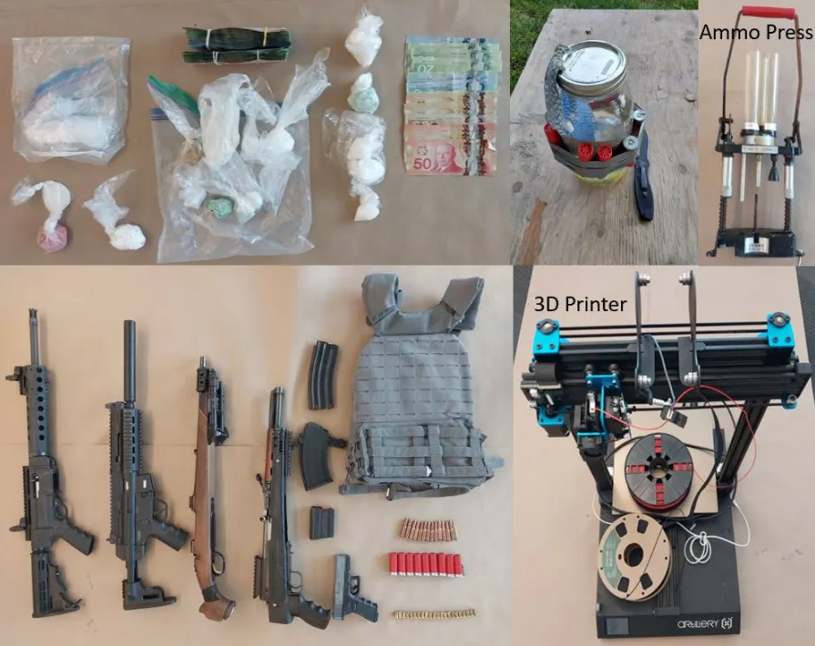 a display including multiple pictures of items that were seized by police at a home in surrey including guns, drugs and ammunition