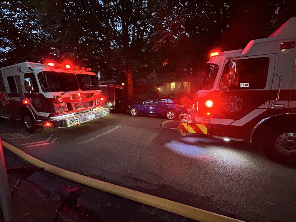 Two fire trucks facing each other