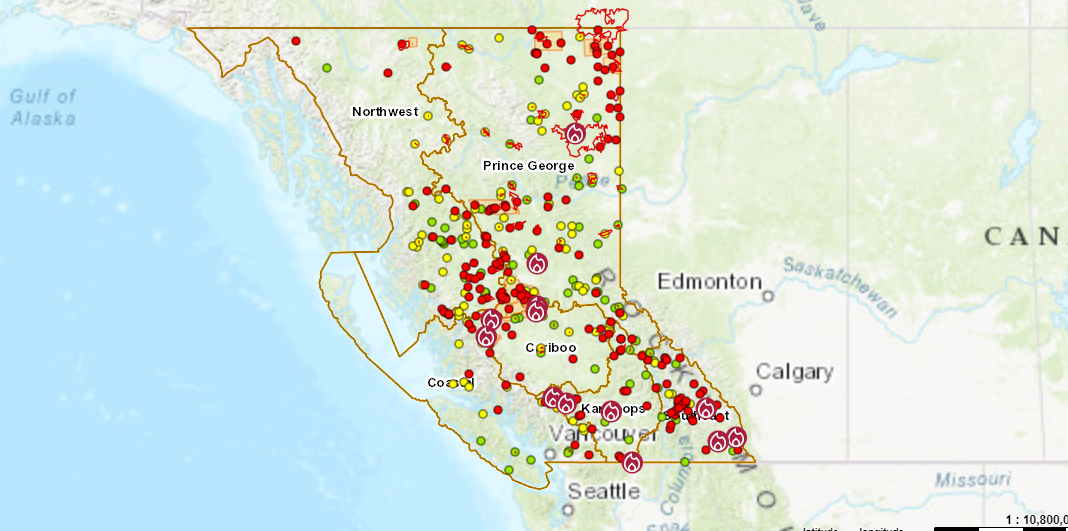 A map from the BC Wildfire Service showing the locations of fires in the province as of Aug. 1, 2023