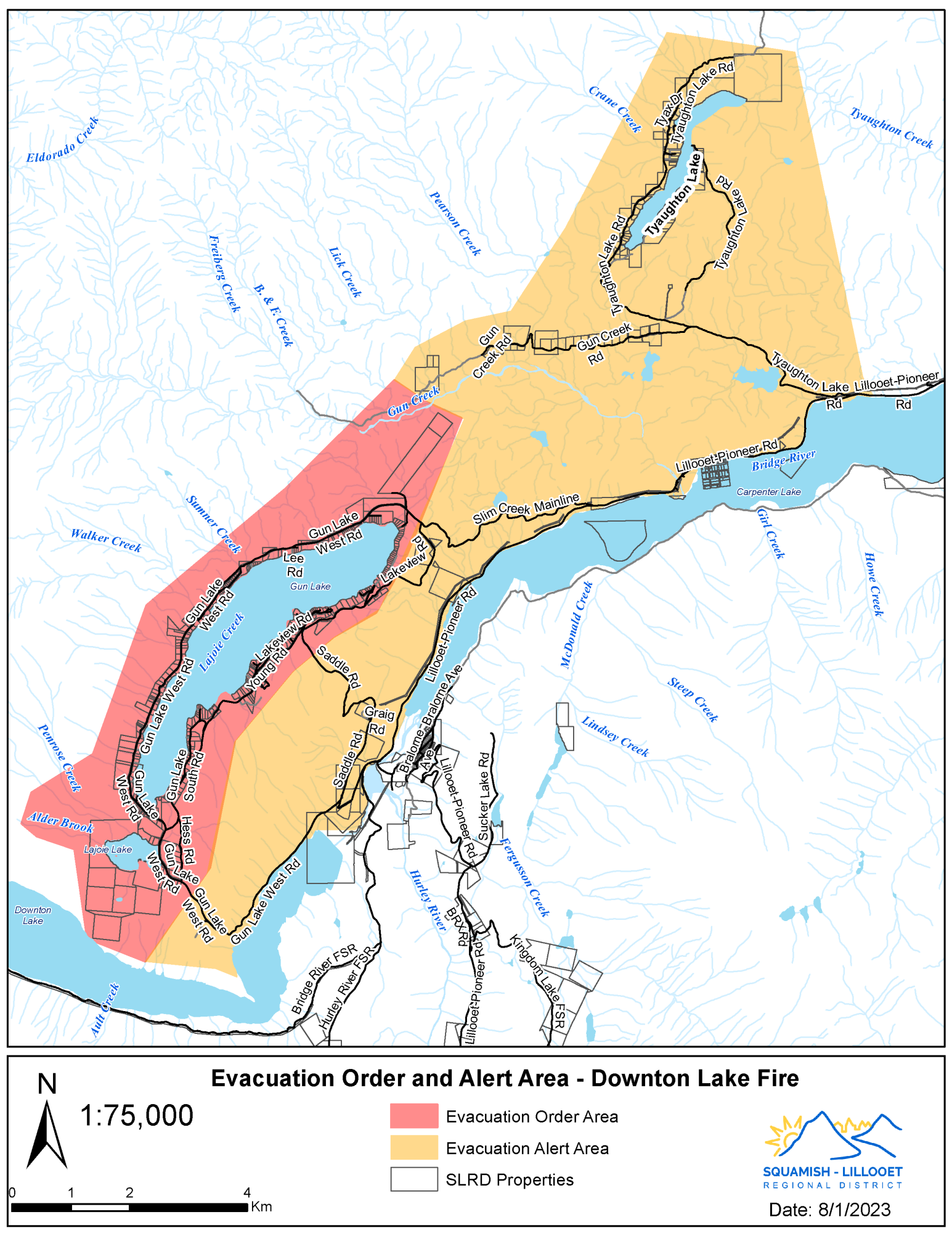 A map shows properties around Gun Lake in B.C. that have been ordered to evacuate.