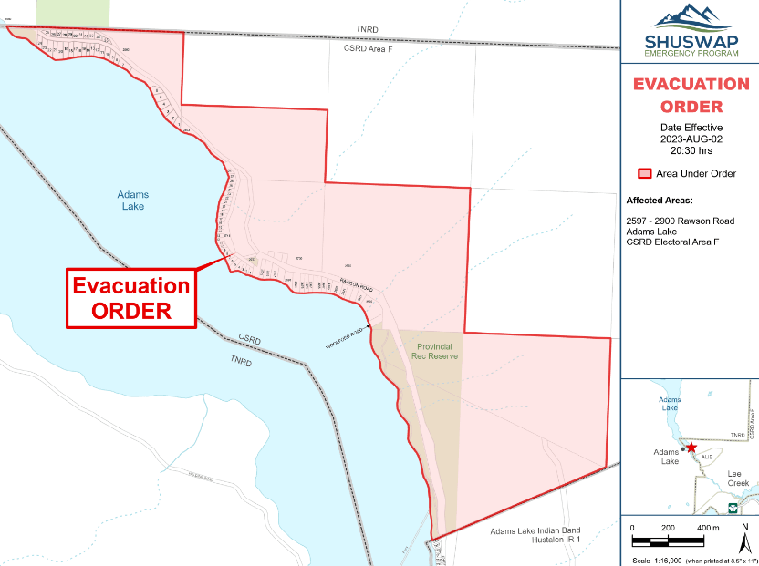 An evacuation map shows affected areas on Adams Lake near Kamloops, B.C.