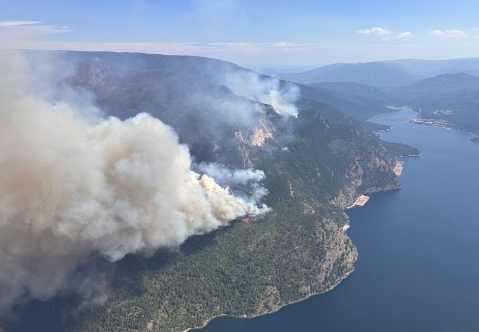 The Adams Lake wildfire burns next to the lake itself.