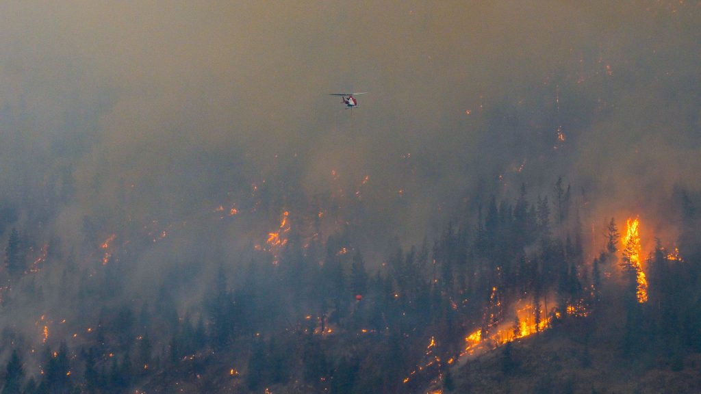 The Lower East Adams Lake wildfire in B.C.'s Shuswap region is shown in a handout photo. Dozens more properties in the B.C. interior were placed on evacuation alert Monday as the Bush Creek East wildfire near Adams Lake fills the air with thick smoke.