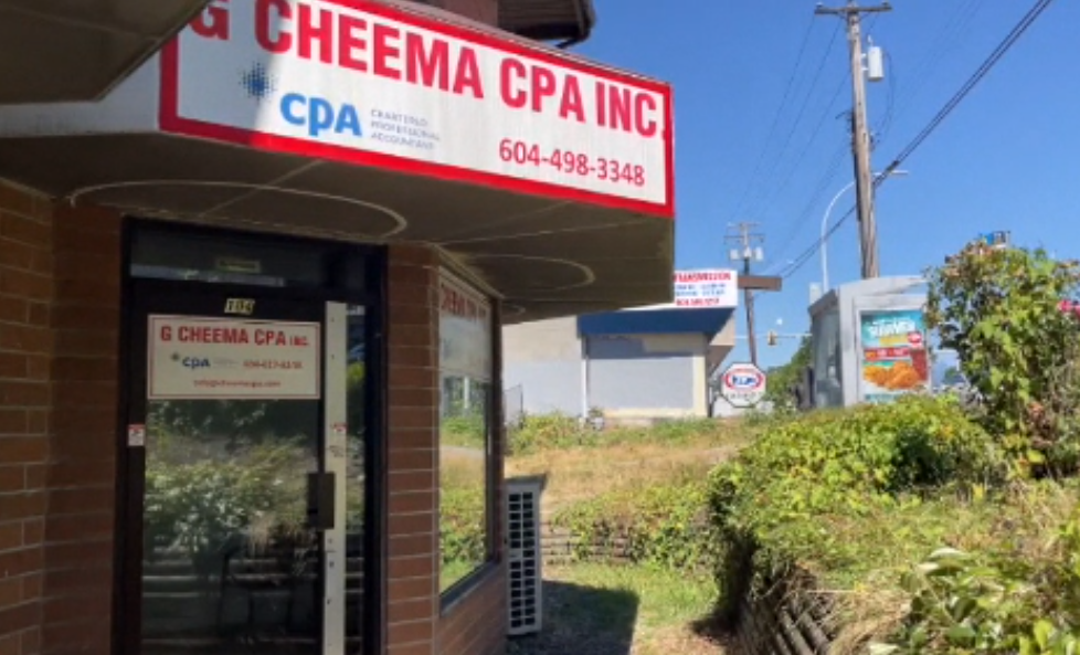 The exterior of G Cheema CPA and Associates Inc. in Surrey, a business located near the site of a shooting on Aug. 12, 2023