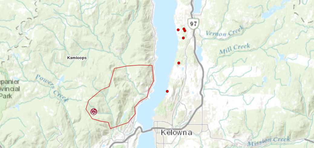 McDougall Creek wildfire is making its way north on the east side of Okanagan Lake. (Courtesy BC Wildfire Service Dashboard)