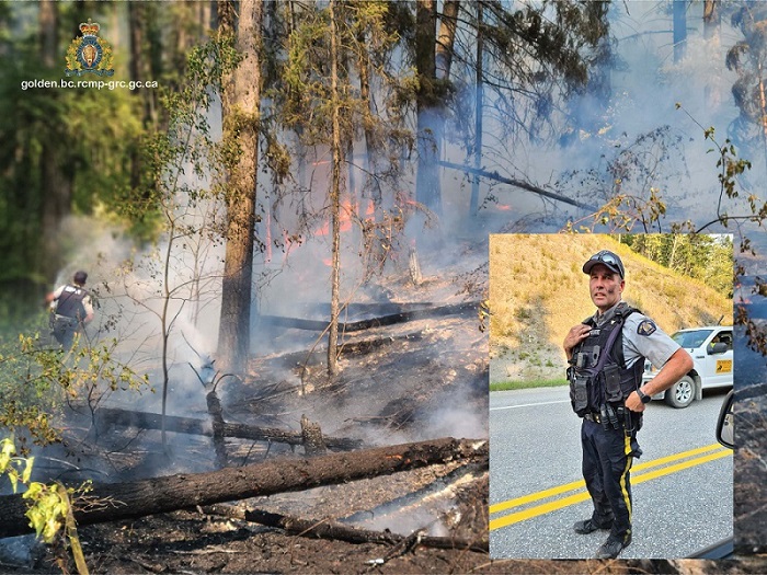 Const. Mark Tataryn of the Golden RCMP BC Highway Patrol was driving down Highway 1 near Forde Station Rd. Wednesday afternoon when he noticed a brush fire on the north bank of the highway.