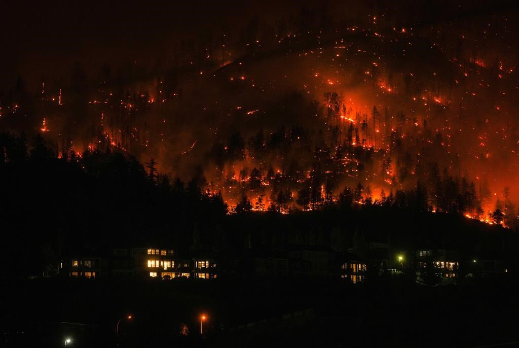 The McDougall Creek wildfire burns on the mountainside above houses in West Kelowna.