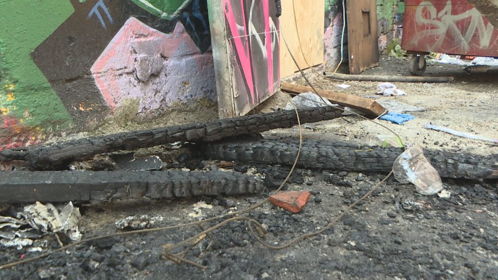 Remains of a fire at 109 East Hastings Street in Vancouver