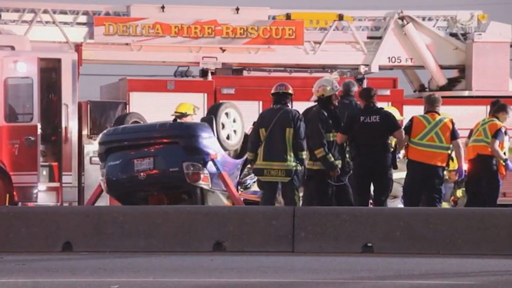 A rollover crash involving three vehicles on Highway 17 in Tsawwassen sent four people to the hospital on Sunday, Aug. 27.