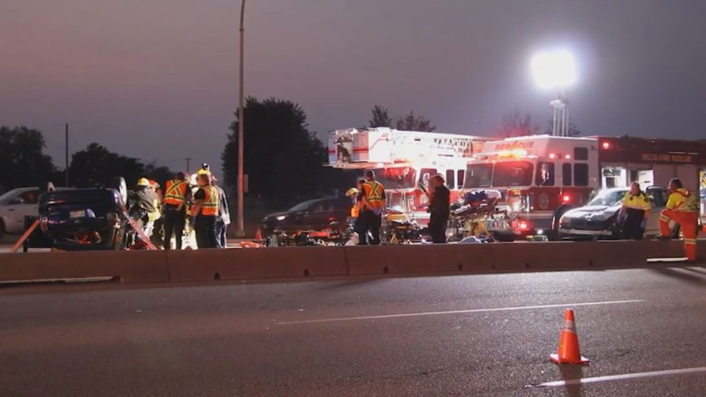 A rollover crash involving three vehicles on Highway 17 in Tsawwassen sent four people to the hospital on Sunday, Aug. 27.