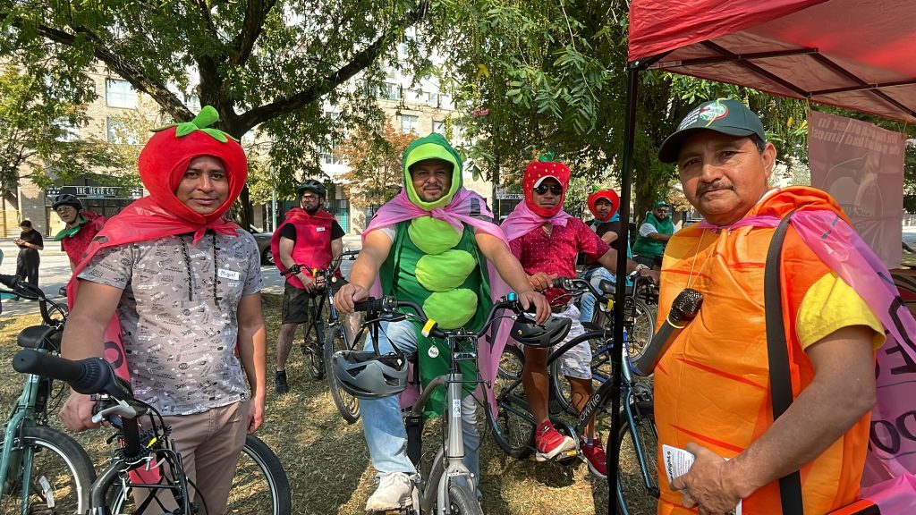 Attendees of a rally for temporary foreign workers voiced their demands to the federal and provincial governments Sunday, dressed in colourful costumes representing labour farm jobs.