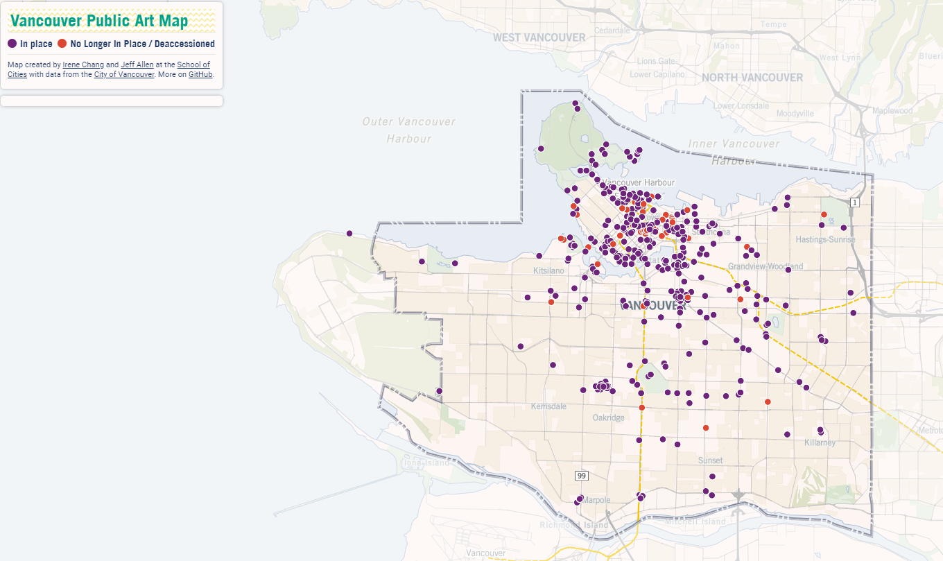 A map depicts where public art installations can be found in Vancouver.