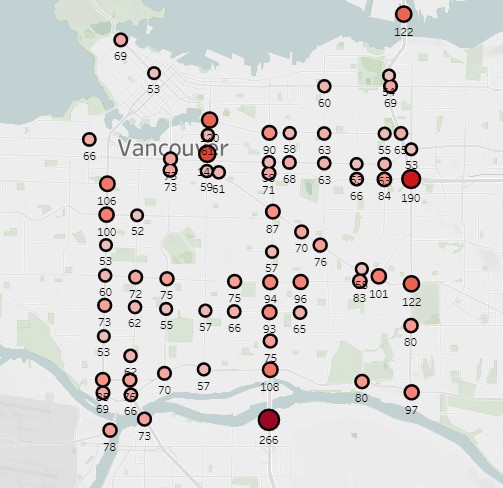 A map showing the intersections in Vancouver that saw at least 52 collisions in 2022