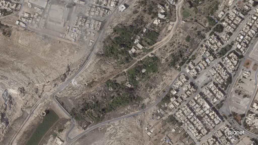 This satellite photo from Planet Labs PBC shows a dam collapse in Derna, Libya, on Sept. 2, 2023. 