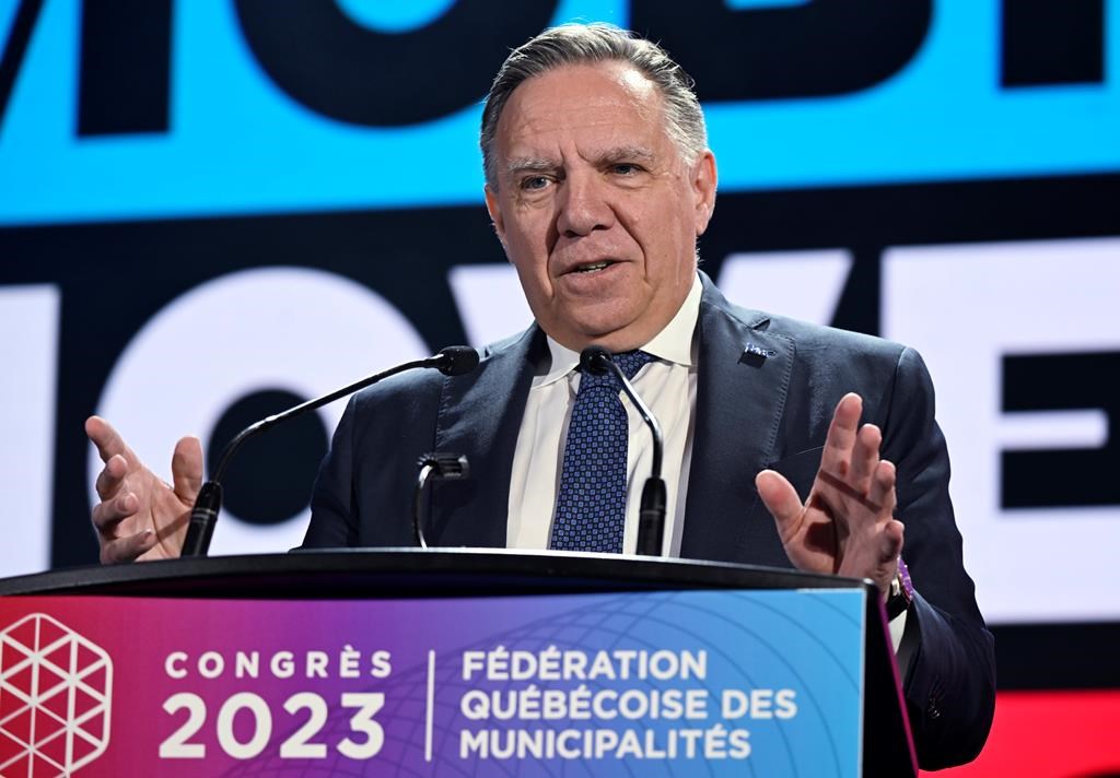 Quebec Premier Francois Legault speaks to members of the Federation Quebecois des Municipalites at their annual meeting in Quebec City