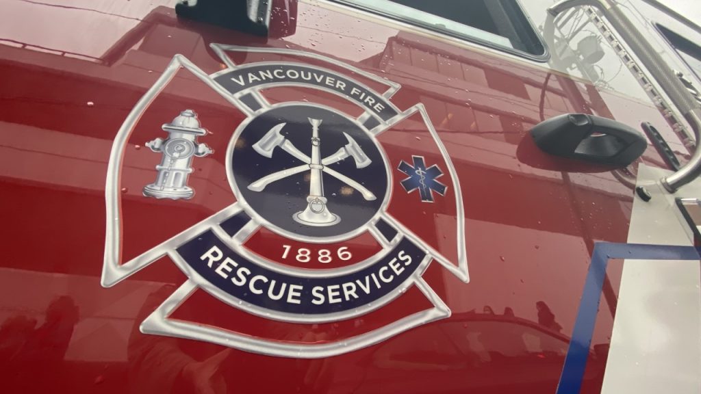 Vancouver Fire Rescue Services logo on the side of a truck.