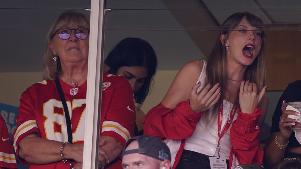 Taylor Swift, right, watches from a suite alongside Travis Kelce's mother, Donna Kelce, inside Arrowhead Stadium during the first half of an NFL football game between the Chicago Bears and Kansas City Chiefs Sunday, Sept. 24, 2023, in Kansas City, Mo.