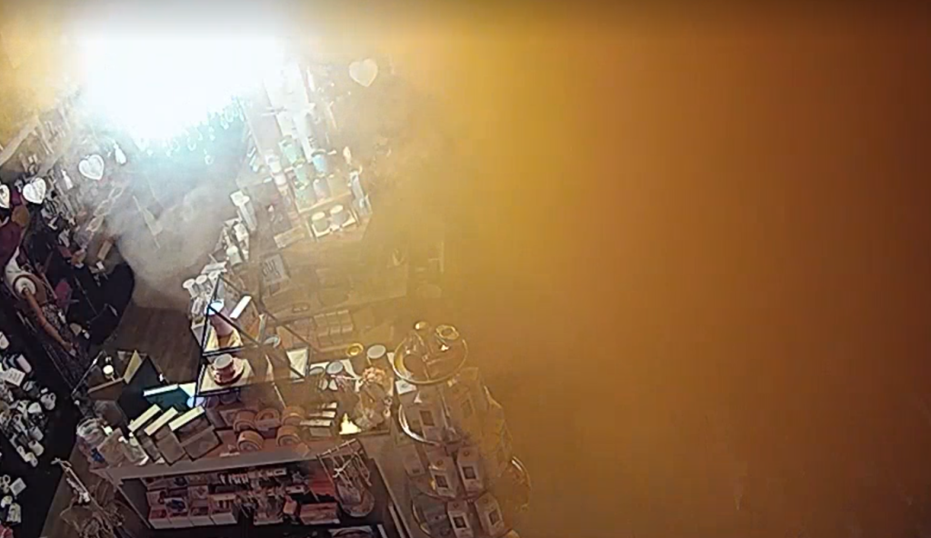 Surveillance footage shows smoke and orange chemical fill the Once Upon A Tea Leaf shop in Maple Ridge on Thursday, Sept. 21, 2023.