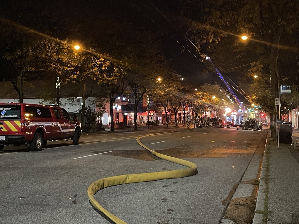 A massive fire overnight in Vancouver's Kerrisdale neighbourhood has damaged multiple buildings, affecting businesses. (Sonia Aslam / CityNews)