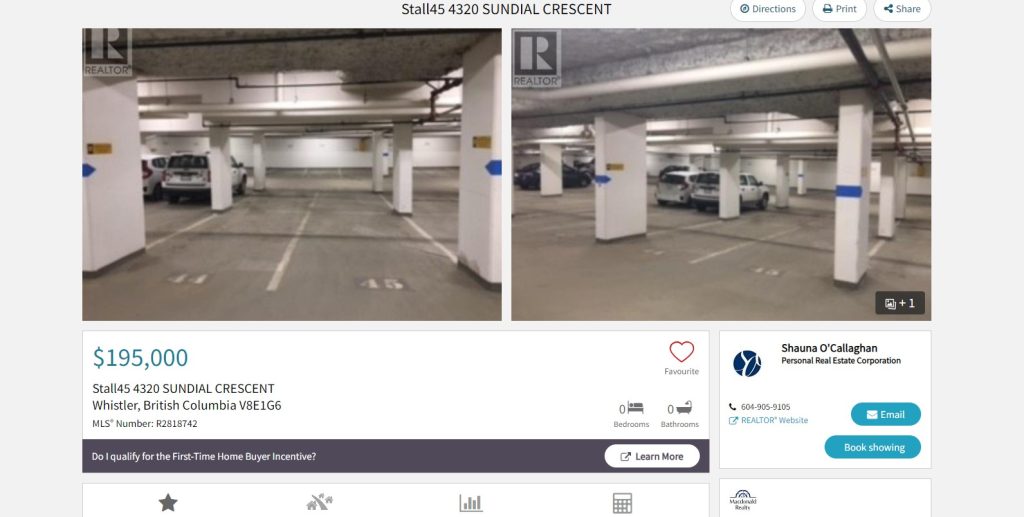 The listing for a parking stall in Whistler Village that sold for $195,000.
