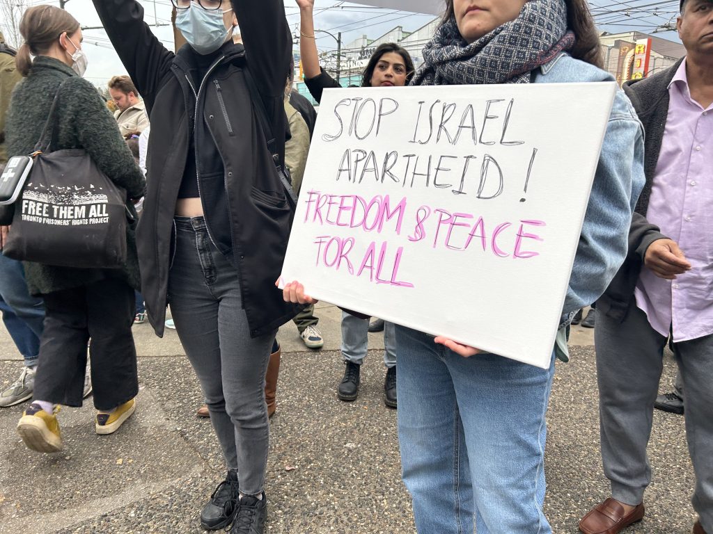 Hundreds of people participated in a pro-Palestinian rally in East Vancouver Friday evening, as the war in the Middle East enters its second week. (CityNews Image)