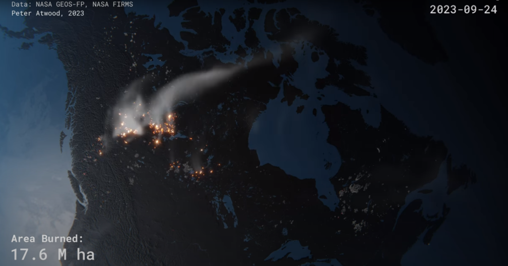 A Nova Scotian man has compiled data from NASA and created a video of Canada's 2023 wildfire season, showing the devastation move east to west across the country. (Courtesy Peter Atwood)
