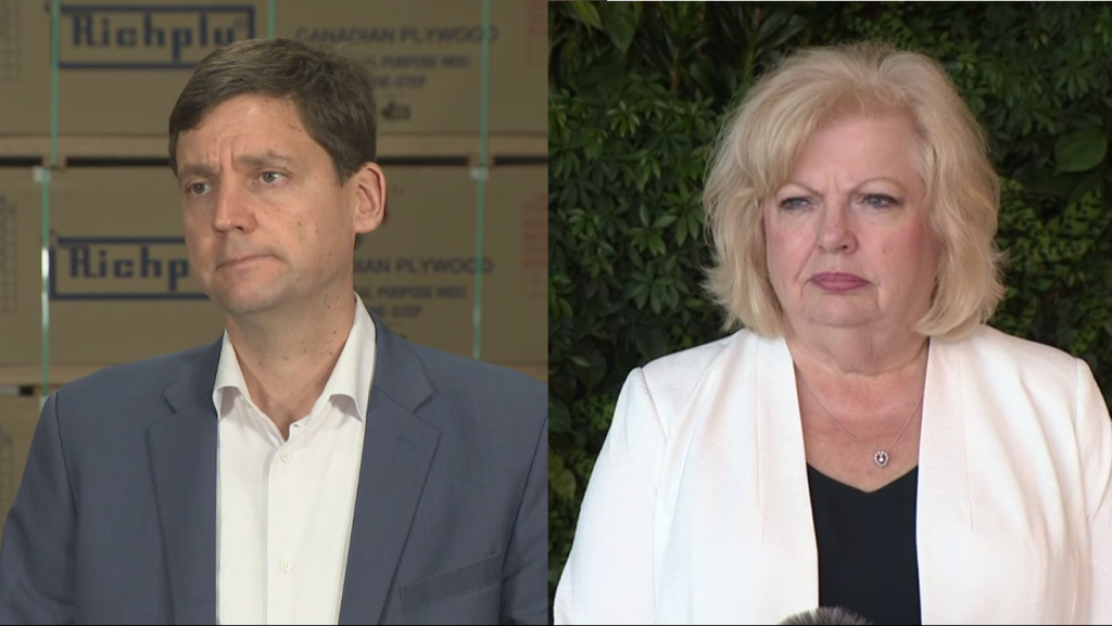 A side by side image of B.C. Premier David Eby on the left and Surrey Mayor Brenda Locke on the right