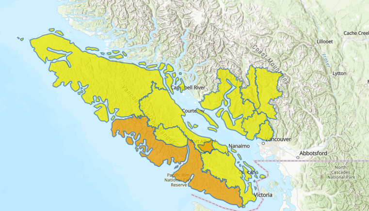 A map showing the areas of B.C. under streamflow advisories or flood watch.