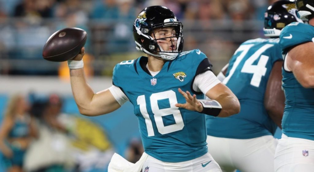 Jacksonville Jaguars quarterback Nathan Rourke (18) stands back to pass during the second half of an NFL preseason football game against the Miami Dolphins, Saturday, Aug. 26, 2023, in Jacksonville, Fla.