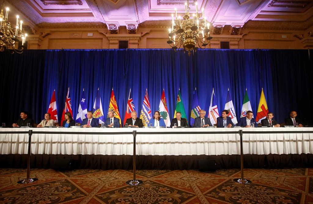 Canada's premiers have sent a letter to Prime Minister Justin Trudeau asking the federal government to extend the Jan. 18, 2024 repayment period for one more year for interest-free loans to small businesses and not-for-profits. Canada’s premiers P.J. Akeeagok, Premier of Nunavut, from left, Caroline Cochrane, Premier of the Northwest Territories, Danielle Smith, Premier of Alberta, Dennis King, Premier of Prince Edward Island, Tim Houston, Vice-Chair of the Council of the Federation and Premier of Nova Scotia, Doug Ford, Premier of Ontario, Heather Stefanson, Chair of the Council of the Federation and Premier of Manitoba, François Legault, Premier of Québec, Blaine Higgs, Premier of New Brunswick, David Eby, Premier of British Columbia, Scott Moe, Premier of Saskatchewan, Andrew Furey, Premier of Newfoundland and Labrador, and Ranj Pillai, Premier of Yukon, during the closing news conference at the Council of the Federation Canadian premiers meeting at The Fort Garry Hotel in Winnipeg, Wednesday, July 12, 2023. THE CANADIAN PRESS/John Woods