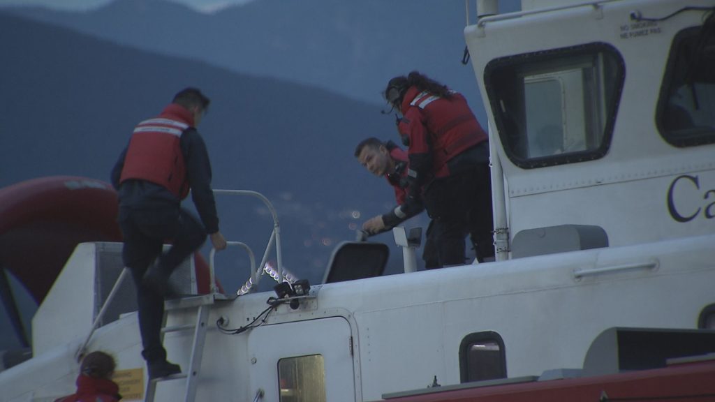 A Coast Guard hovercraft vessel is seen on Spanish Banks