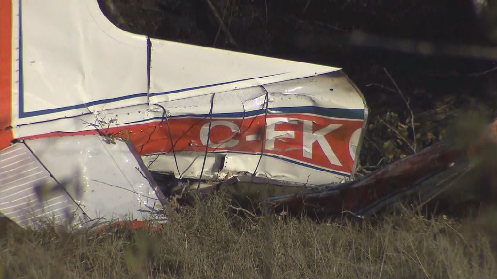 Debris of a plane crash is seen at Blackie Spit Park