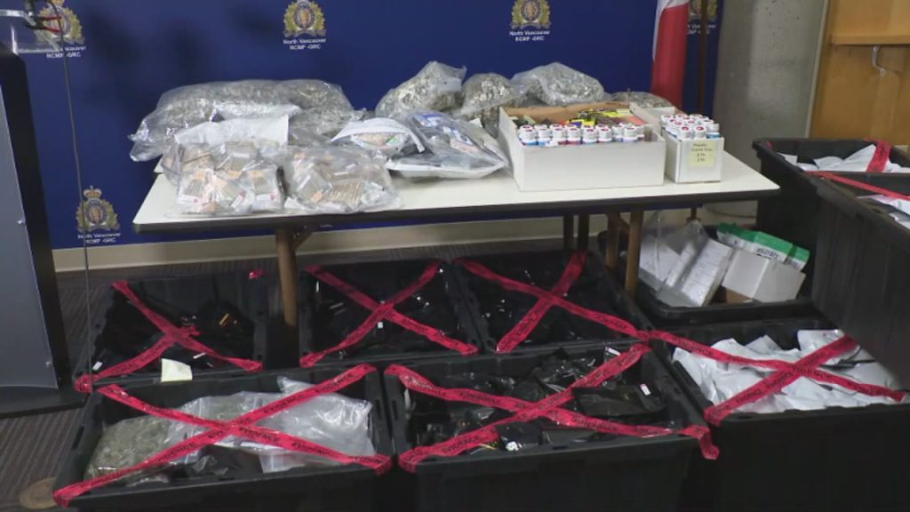 Drugs that were seized by the North Vancouver RCMP displayed on a table after what Mounties believe was a fake kidnapping report on Halloween