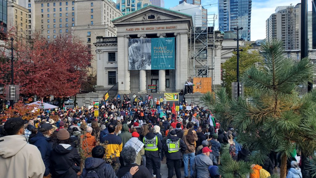 A rally outside of the Vancouver Art Gallery on Nov. 24, 2023, calls for an end to the Israel Hamas war.