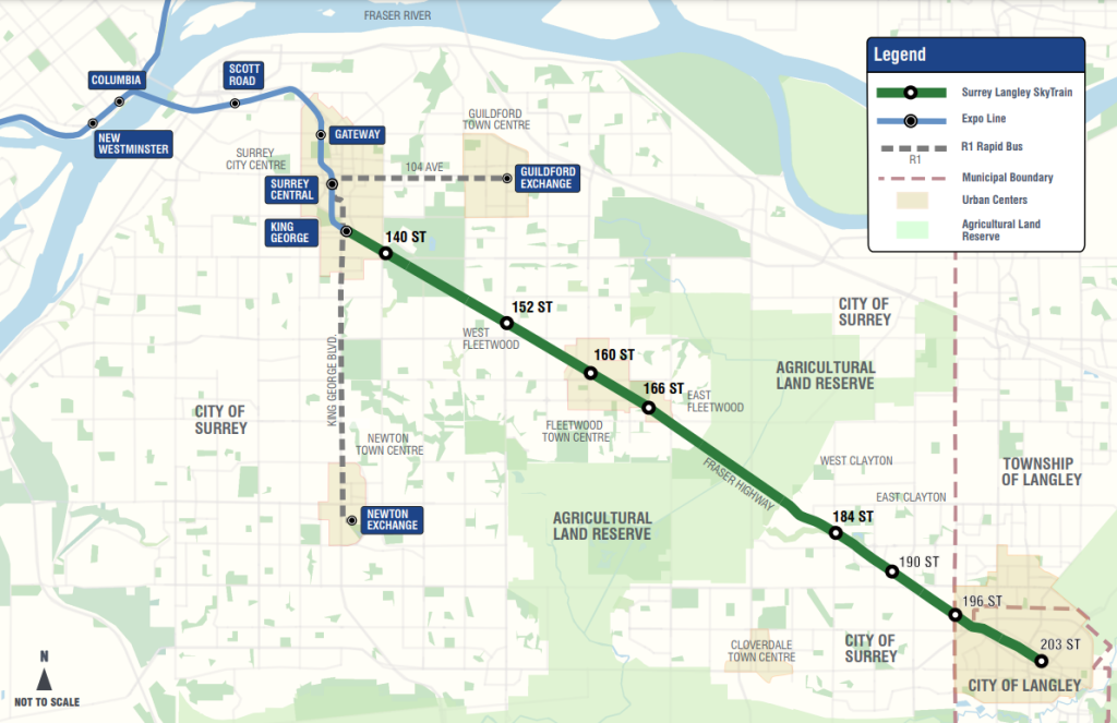 A map showing the expansion of the Expo Line as part of the Surrey Langley SkyTrain project