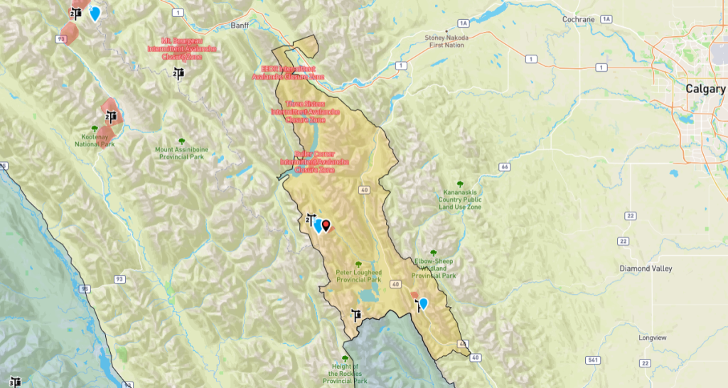 Avalanche Canada map showing Kananaskis Country area where one person died in an avalanche Nov. 11, 2023.