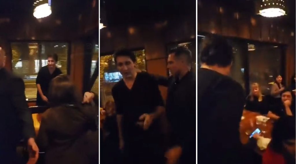 Footage from Tuesday shows Prime Minister Justin Trudeau leaving Vij's restaurant. (Courtesy @palsolidaritycad)
