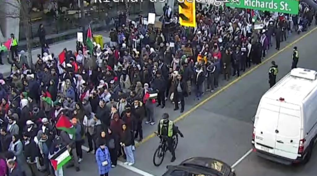 Hundreds of people marching through the streets of downtown Vancouver on Nov. 17 calling for a ceasefire in Gaza as the Israel-Hamas war rages on.