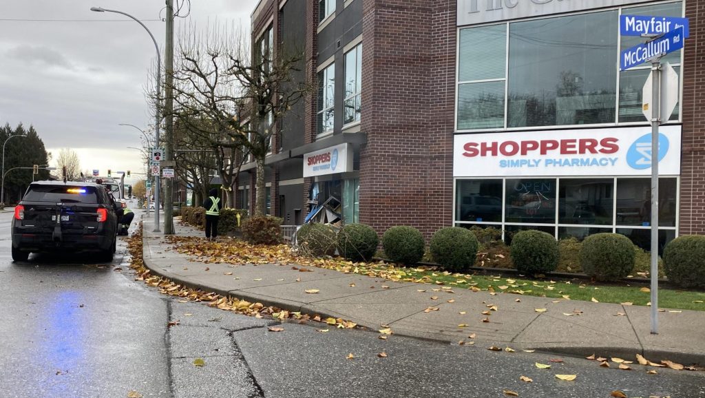 Damage is seen at an Abbotsford Shoppers after a car crashed into the side of the business