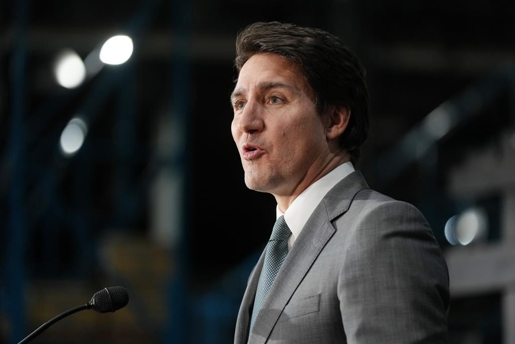 Prime Minister Justin Trudeau speaks during a news conference at lithium battery manufacturer E-One Moli Energy (Canada), in Maple Ridge, B.C., on Tuesday, November 14, 2023.