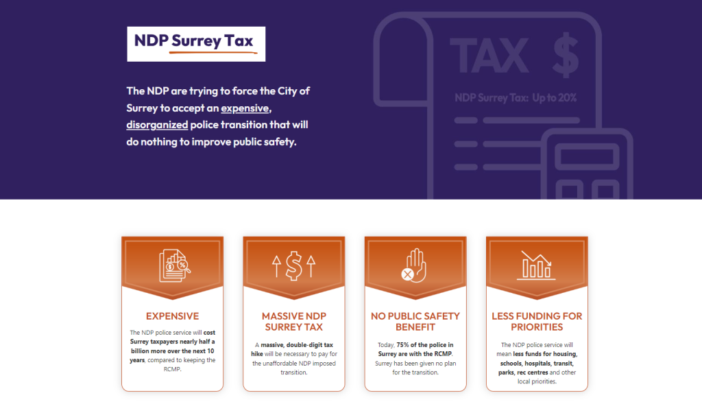 A screenshot of the new NDP Surrey Tax website that was launched by the city amid ongoing tensions with the province around the police transition