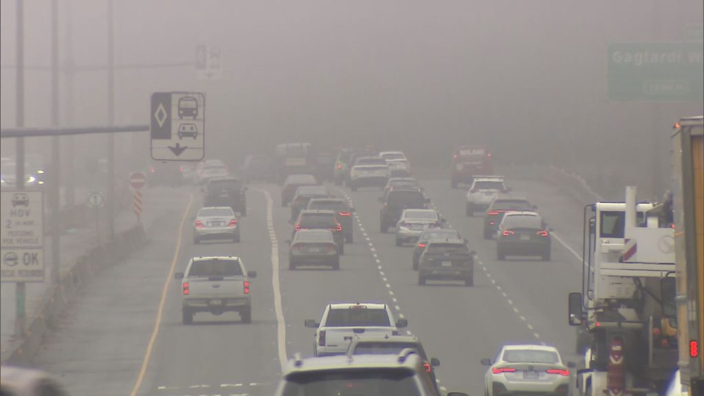 Fog is seen along Highway 1 in Burnaby