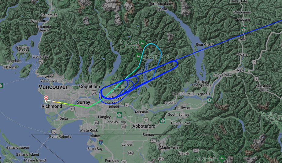 A Flight Radar map showing the flight path of a WestJet plane that was forced to redirect to Vancouver due to fog.
