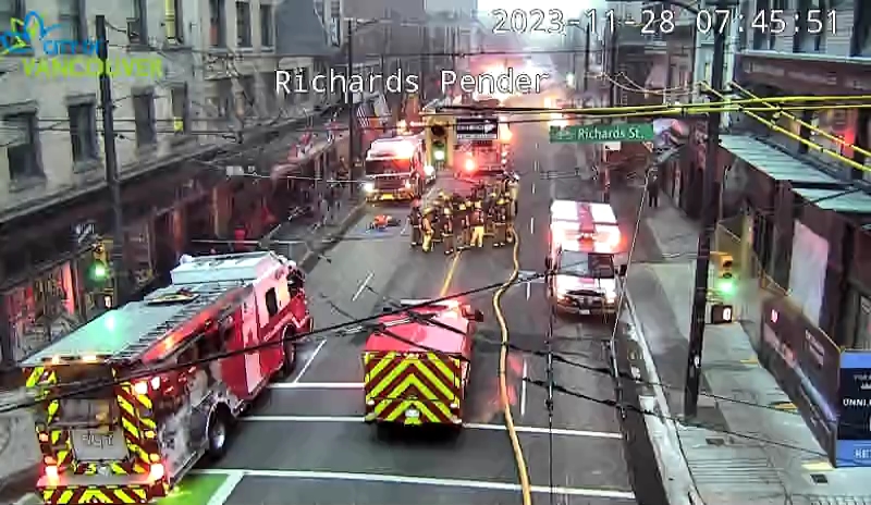 Vancouver fire and police crews at the scene of an incident on West Pender Street downtown
