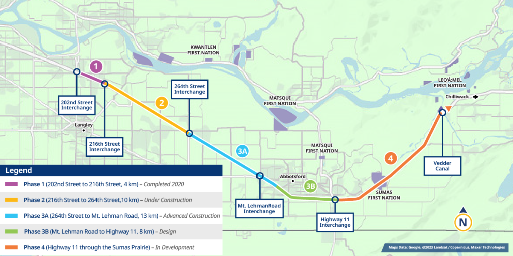 一张地图显示了 BC 省弗雷泽河谷 1 号高速公路的预计工程至少到 2026 年为止。