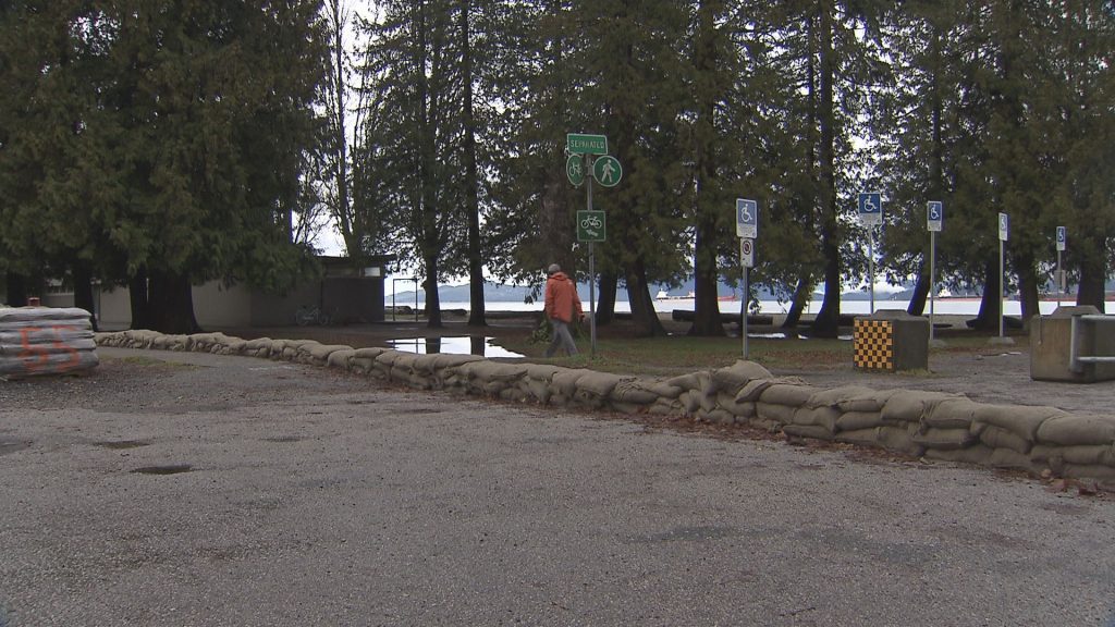 Storm Prep underway in Vancouver with sandbags along the shore