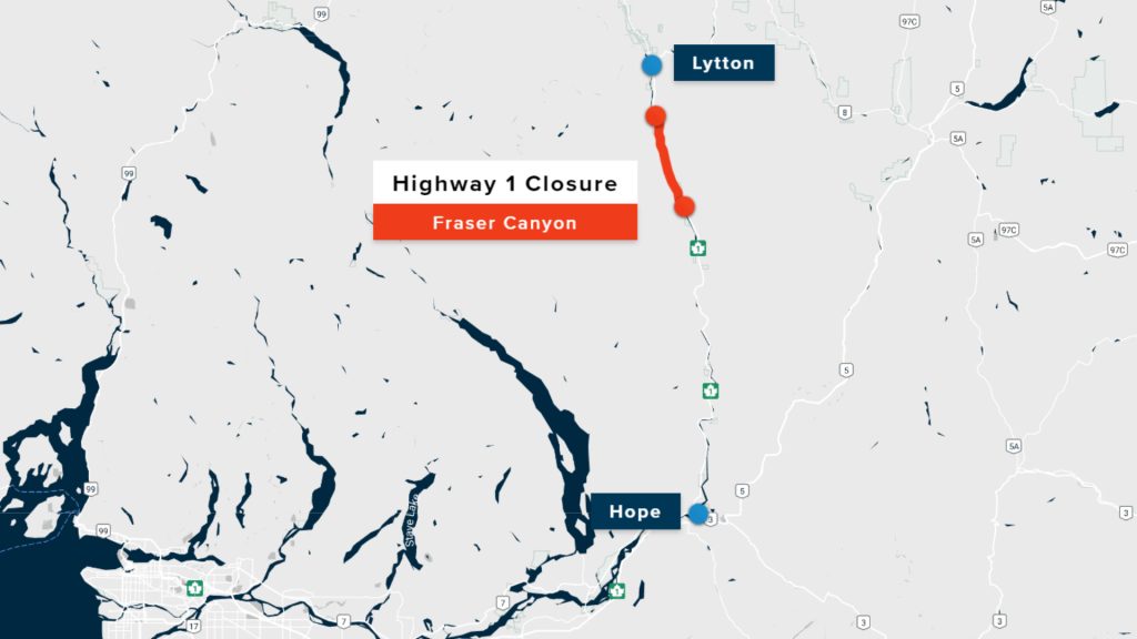 a map of the highway 1 closure between Boothroyd and Siska