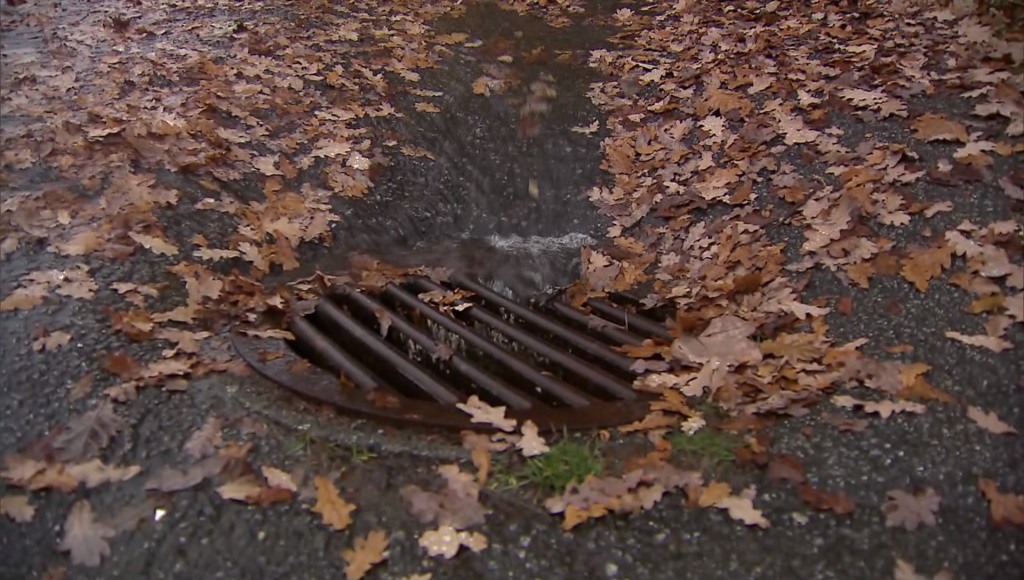 Water flows into a storm drain in Metro Vancouver