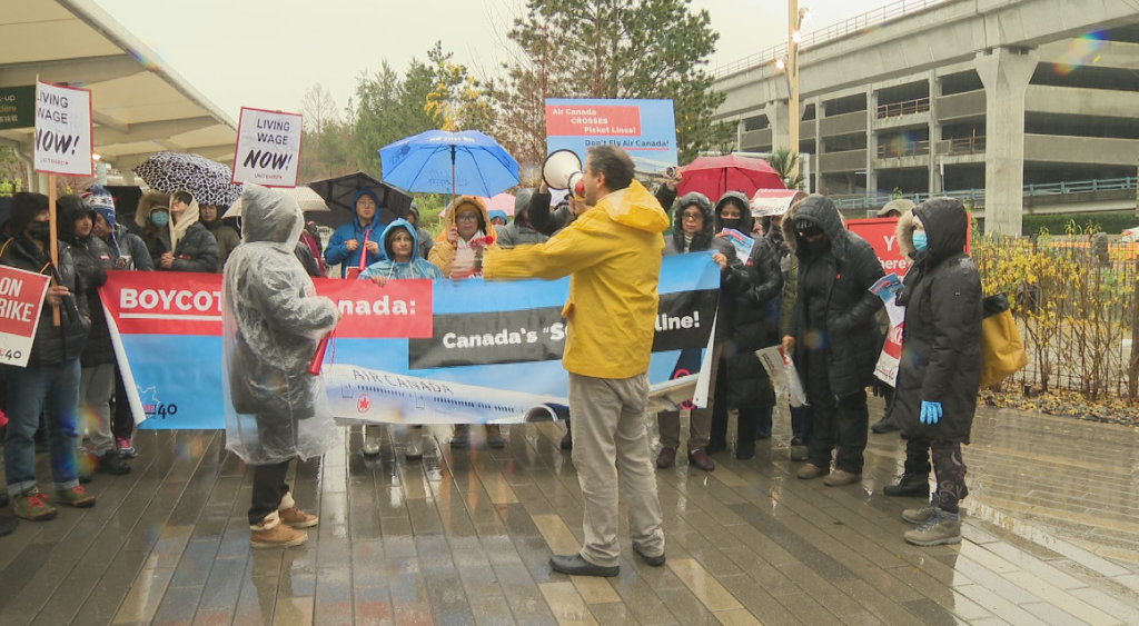 Protesters at a demonstration Thursday were members of Unite Here Local 40 who have been on strike from their jobs at the Sheraton Vancouver Airport Hotel for the last five months.