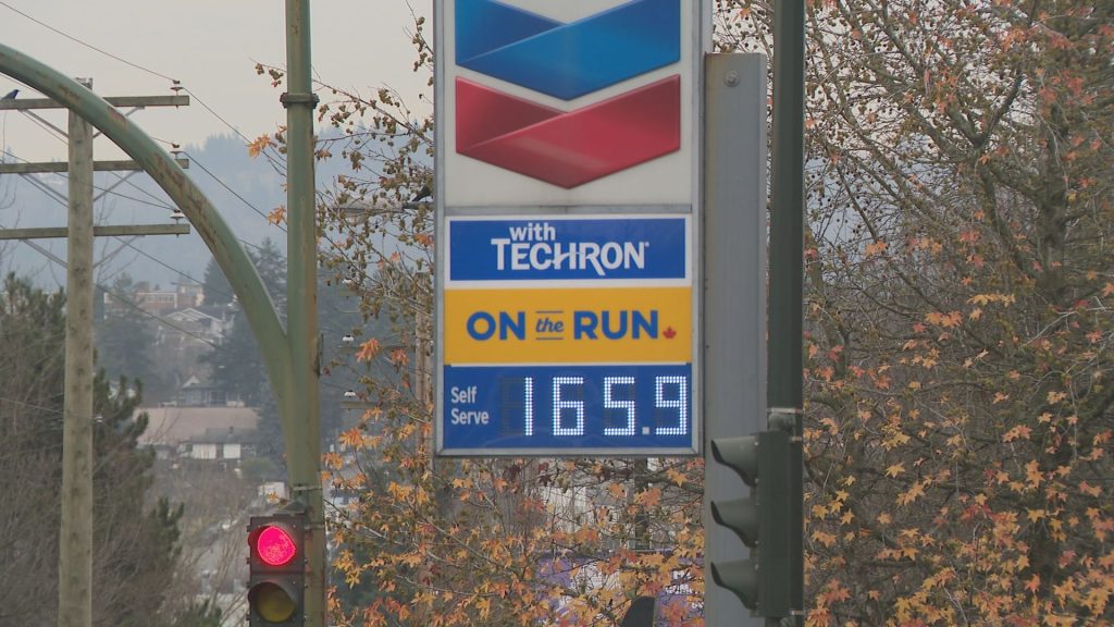 A gas price of 165.9¢ per litre can be seen at a station in Vancouver